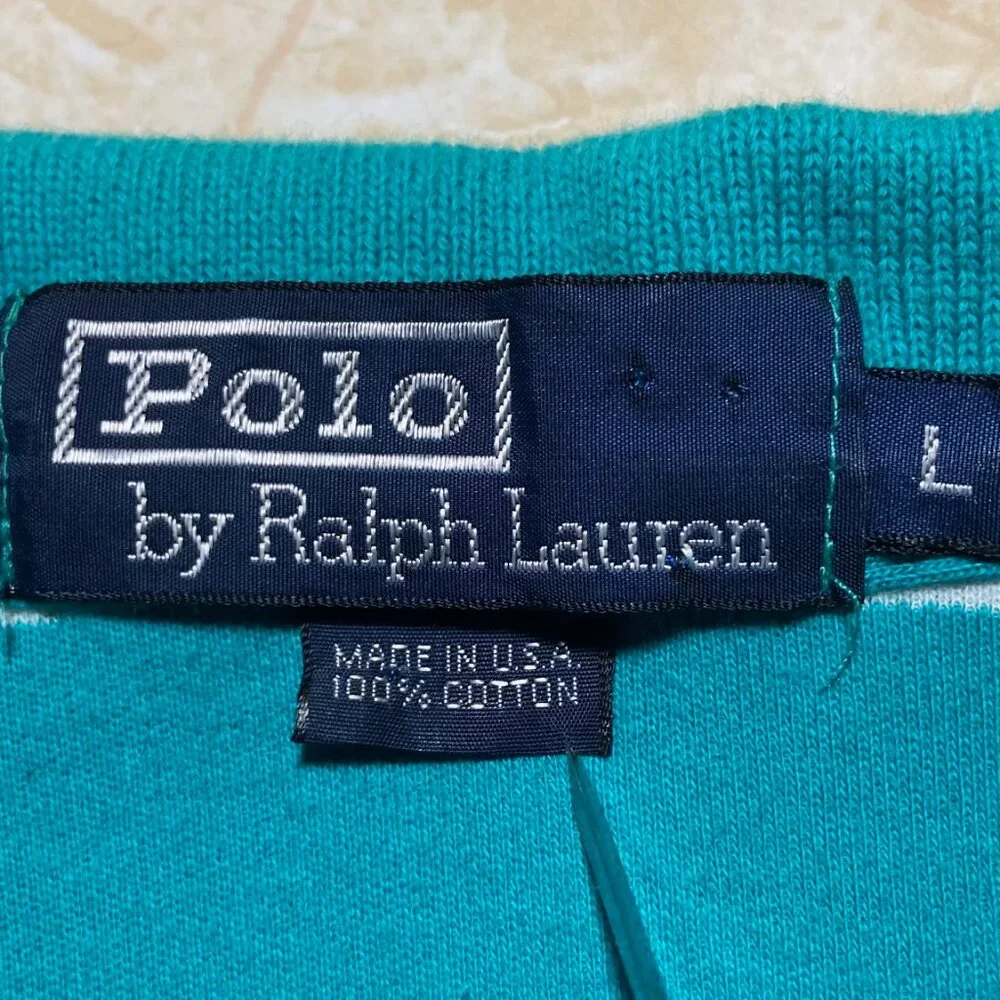 Vintage Polo Ralph Lauren Green w/Stripes Imperfection Golf S/S Shirt Men Large